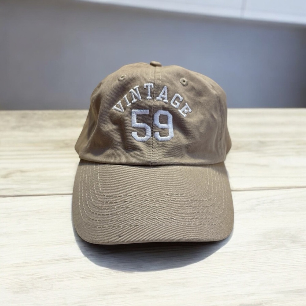 NEW Hat Beige/Tan Vintage 59 Text Baseball Cap 100% Cotton